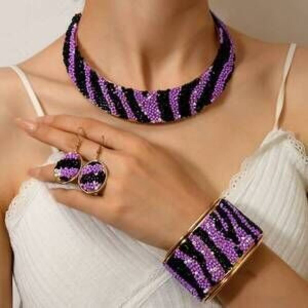 4pcs Fashion Retro Rice Bead Striped Necklace Bracelet Earrings Exaggerated Acce